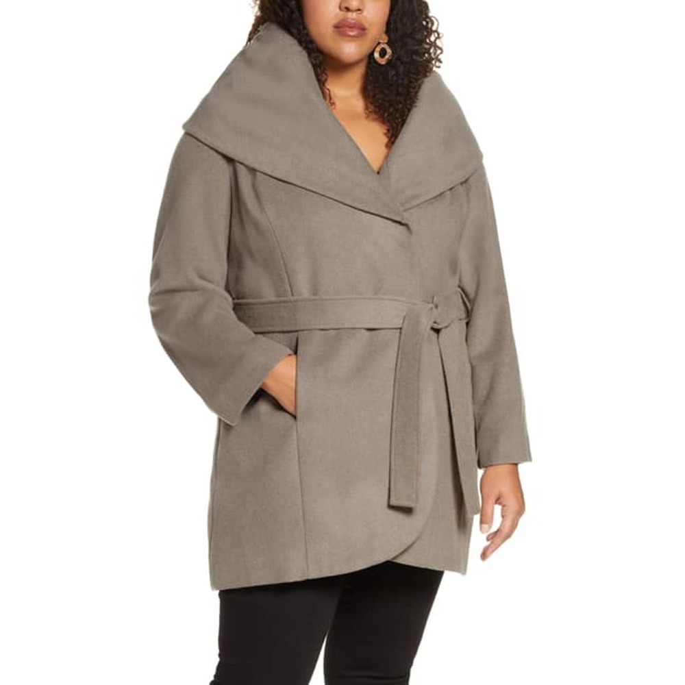 Halogen Wool Blend Hooded Wrap Tie Coat Pebble 1X